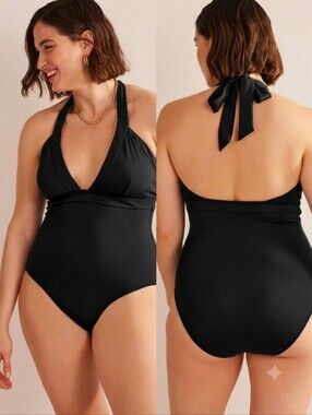 Boden Black Ithaca Halter Plunge One Piece Classic Swimsuit Size 12